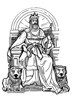 an image of the king surrounded by his dogs and lions in black and white ink