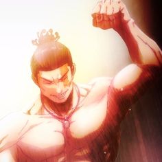 an anime character with no shirt on and his arm raised in the air, wearing a crown