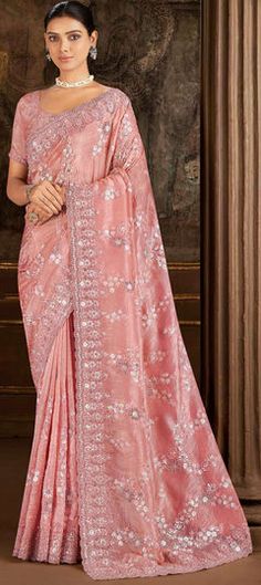 Pink and Majenta color Saree in Silk fabric with Border, Embroidered, Sequence, Thread work Wedding Pink, Embroidered Saree, Thread Embroidery, Color Art, Traditional Sarees, Thread Work, Blouse Length, Traditional Wedding, Saree Wedding