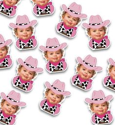 a bunch of stickers that have pictures of children in hats on them and one has a cowgirl's face