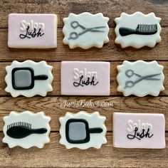 decorated cookies with scissors, combs and soap on them that say salon lush in different languages