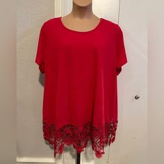 Lane Bryant Red Top With Crochet Trim On Bottom. New W/O Tags, Never Worn. Spaghetti Strap Blouses, Scoop Neck Blouses, Embellished Top, Floral Tunic, Women Tunic Tops, Blue V, White Tie, Red Top, Crochet Trim