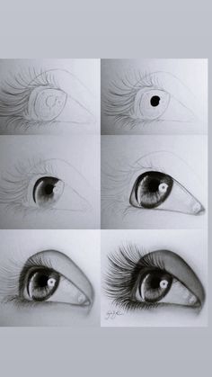 four different views of an eye with long eyelashes