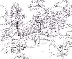 a black and white drawing of a bridge over a river in the woods with trees