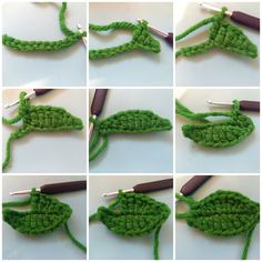 the steps to crochet leaves are shown in several different ways, including one being used