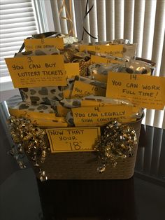 a basket filled with lots of yellow tags