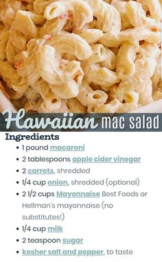 the recipe for hawaiian macaroni salad is shown