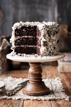 a slice of chocolate cake sitting on top of a white plate