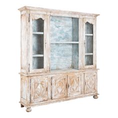 an old white china cabinet with glass doors and carvings on the front, isolated against a white background