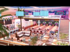 an artist's rendering of the inside of a bowling alley with tables, couches and chairs