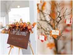 a welcome sign is hanging from a wooden easel with autumn leaves on it, and an orange maple tree in the foreground