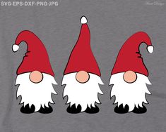 three red and white gnomes with long beards on their heads are facing different directions