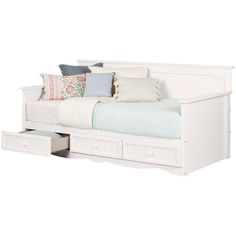 a white daybed with drawers underneath it and pillows on the bottom shelf next to it