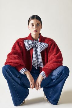 NEW DROPS – THE LABEL EDITION Denim On Denim, Red Sweater, Long Puff Sleeves, Inspiration Mode, Outfit Casual