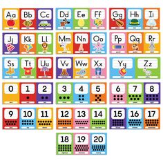 a set of colorful alphabets with numbers and letters on them, all in different colors