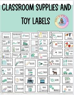 the classroom supplies and toy labels are shown in this poster, which includes pictures of toys