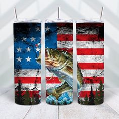 two large mouth bass fish on an american flag design double - sided travel mugs