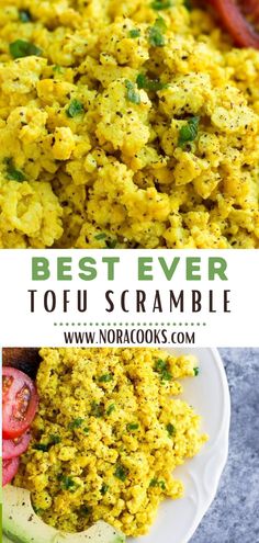 the best vegan tofu scramble on a white plate