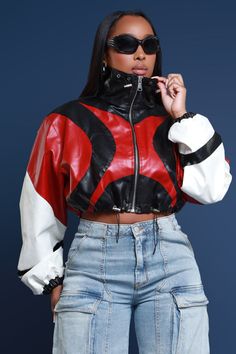 Calling all my sporty girls!!! This red, black, and white crop faux leather jacket is definitely going to get the engine running. It features drawstring waist for adjusting the crop fit and oversized collar for added flare. Red Leather Jacket Outfit, Cropped Fur Jacket, Black Leather Jacket Outfit, Black Leather Outfit, Cropped Faux Leather Jacket, Road Warrior, Oversized Collar, Black Faux Leather Jacket, Leather Jacket Outfits