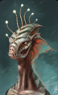 an artistic painting of a dragon head with spikes on it's head, in the water