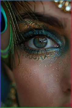 Channel the beauty and symbolism of the peacock with an eyeshadow look featuring rich blues, greens, and metallic accents, perfect for Hindu occasions. #peacockmakeup #hindumakeup #occasionmakeup #eyeshadow #makeup #hindueyeshadow Blue Eye Makeup For Concert, Peacock Blue Makeup, Teal Fairy Makeup, Puck Makeup Midsummer Nights Dream, Peacock Halloween Makeup, Turquoise And Gold Makeup, Peacock Eyeshadow Looks, Feather Makeup Look, Peacock Inspired Makeup