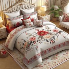 a bed with red flowers on it in a room next to a chair and lamp