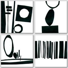 four black and white abstract paintings with barcodes on them, each depicting different shapes