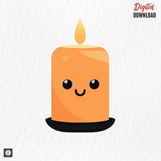 an orange candle with a smiley face on it's side and the words digital download