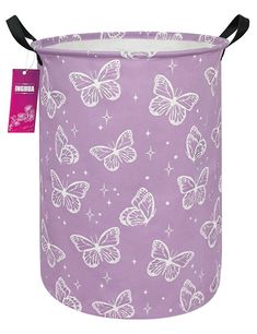 a purple and white butterfly print laundry hamper