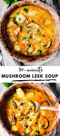 two bowls filled with mushroom leek soup on top of a table