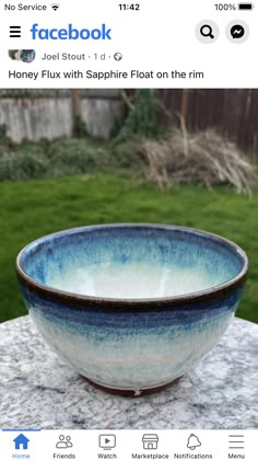 a blue and white bowl sitting on top of a stone table next to a green field