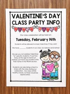 valentine's day class party info sheet on a wooden background with hearts and text