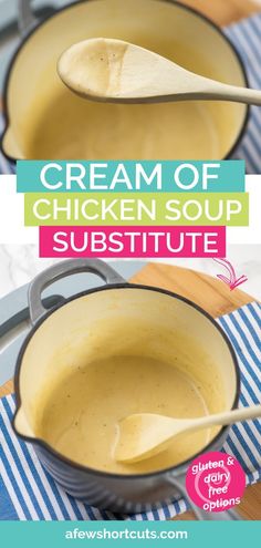 cream of chicken soup in a pan with spoons and blue striped napkin on the side