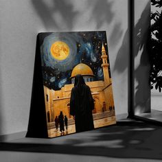 an image of a painting on the wall with people walking in front of it and a full moon