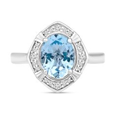 Keep the compliments coming in this blue topaz and diamond fashion ring. 10K white gold. Ring features a 9.0 x 7.0mm oval-shaped sky blue topaz center stone. A tilted cushion-shaped frame of shimmering diamonds surrounds the center stone, completing the look. 1/8 ct. t.w. of diamonds. Light Blue Oval Diamond Topaz Ring, Oval Blue Topaz Ring With Diamond Accents, Oval Aquamarine Diamond Ring With Diamond Accents, Oval Aquamarine Diamond Ring With Accents, Oval Blue Topaz Diamond Ring With Accents, Frame Ring, Diamond Fashion Rings, Sky Blue Topaz, Fashion Ring