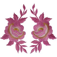 two pink flowers with green leaves on white background