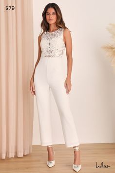 We can't wait to see everyone's jaw drop when you walk into your reception wearing the Lulus Alluring Amour White Embroidered Lace Straight-Leg Jumpsuit! Sheer embroidered lace will help you make a simply sexy statement as it shapes a sleeveless bodice (with beige padded cups) and a rounded neckline. The high, fitted waist tops straight pant legs (composed of stretchy contrasting crepe knit) that fall to slightly cropped hems. Hidden back zipper/clasp. Fit: This garment fits true to size. Length Jumpsuit Bride, Reception Jumpsuit, Lulu Fashion, Lace Jumpsuit, Rounded Neckline, Straight Pants, Embroidered Lace, Sheer Lace, Ankle Length