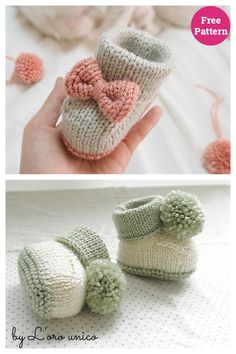 crocheted baby booties with bows and pom - poms on them