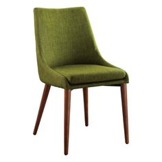 a green upholstered chair with wooden legs and a seat cushion on an isolated white background