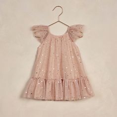 A pink tulle dress with flutter sleeves, and rose gold stars. Shimmery Fabric, All Over Pattern, Baby Gown, Outerwear Outfit, Children's Boutique, Flutter Sleeves, Toddler Gifts, Dusty Pink, Flutter Sleeve