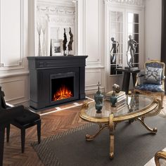 a living room filled with furniture and a fire place in the middle of the room