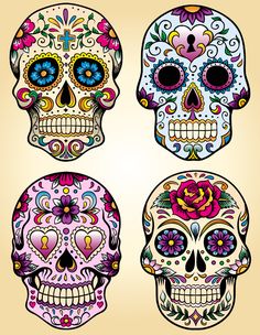 three sugar skulls with different designs on them