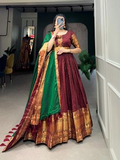 Here comes a charming and stylish designer maroon color narayan pet cotton dress embellished with zari weaving work. Wedding and festival are special so your outfit be to. Tassels Dupatta, Maroon Gown, Blue Colour Dress, New Look Dresses, Cotton Gowns, Indian Gowns, Fancy Dress Design