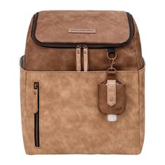 a brown and tan backpack with two zippers