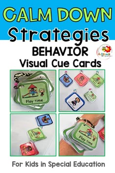 a book with pictures of children's cards and the words calm down, strategies