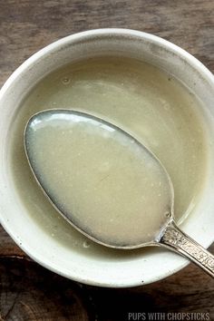 a spoon sitting in a bowl on top of a wooden table