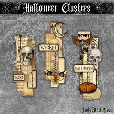 halloween clusters with skulls, pumpkins and other items on them are shown in this digital collage