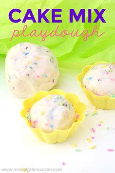 three cake mix play doughs with sprinkles in them