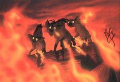 three cats are standing on top of a hill in front of an orange and red sky