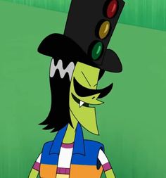 a cartoon character wearing a top hat and holding a traffic light in his hand while standing next to a green field